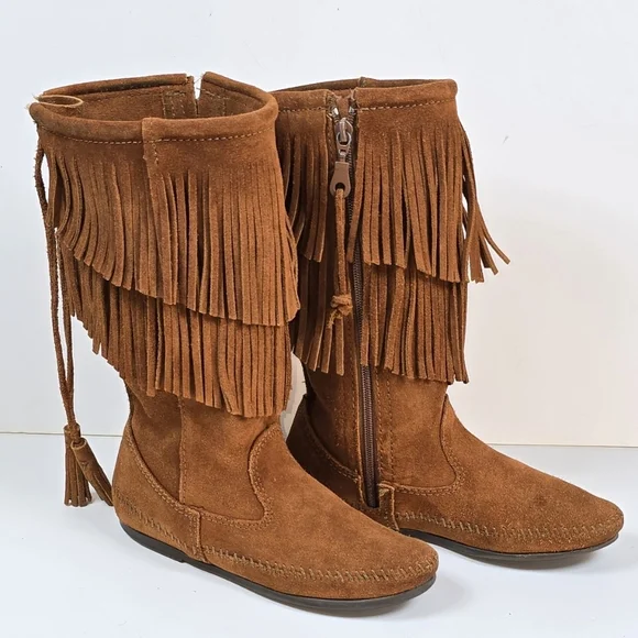 Minnetonka Double Fringe Suede Moccasin Indie Boho Boots Brown Size 5 - Picture 2 of 16